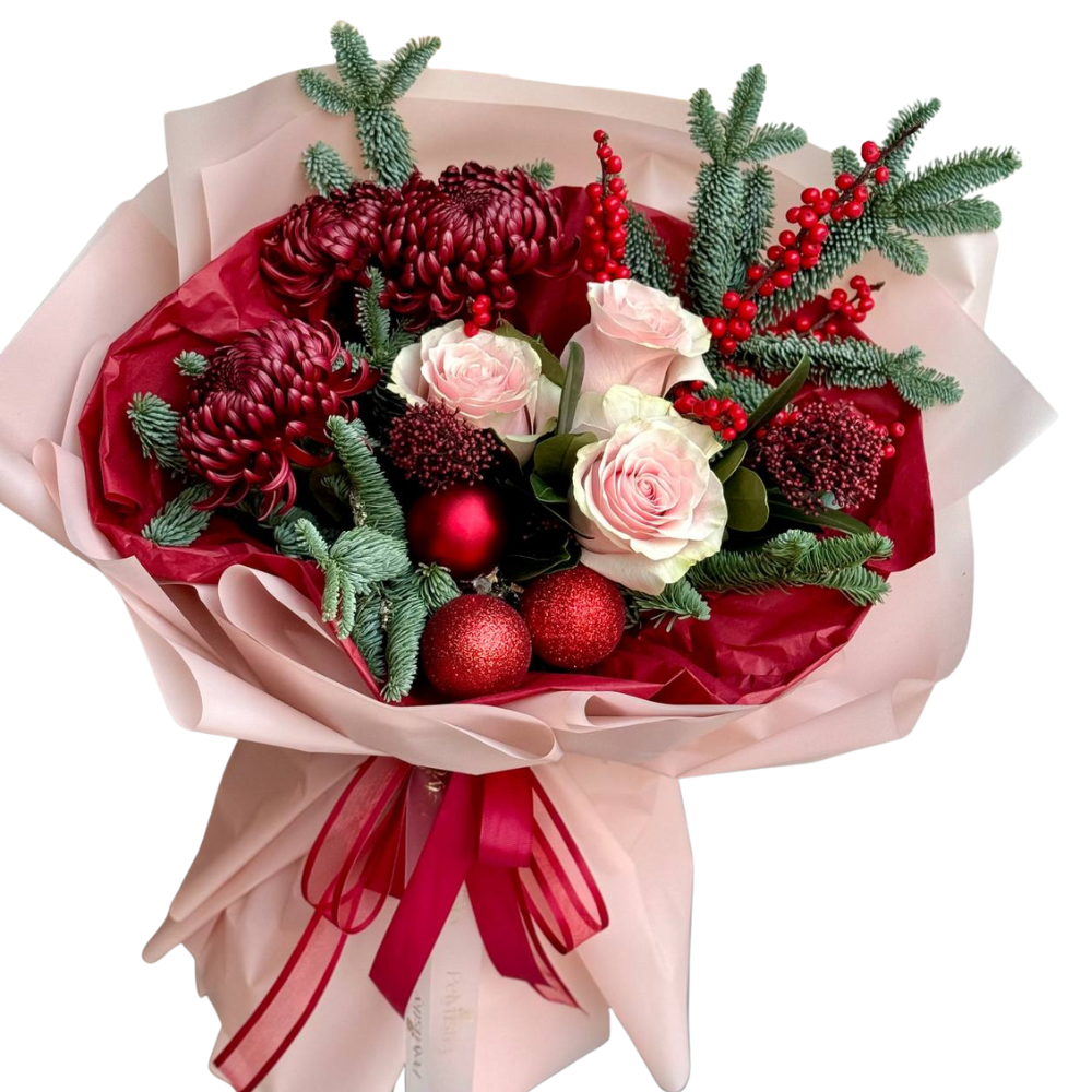 Buchet de Sărbători cu crizanteme grena și trandafiri roz pudrat, brad argintiu [1]