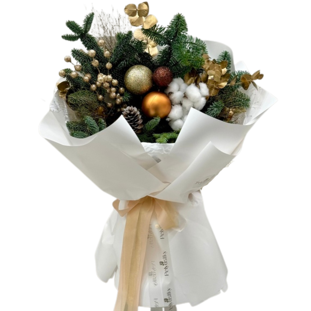 Buchet de Crăciun cu brad argintiu, eucalipt auriu și decorațiuni elegante [1]