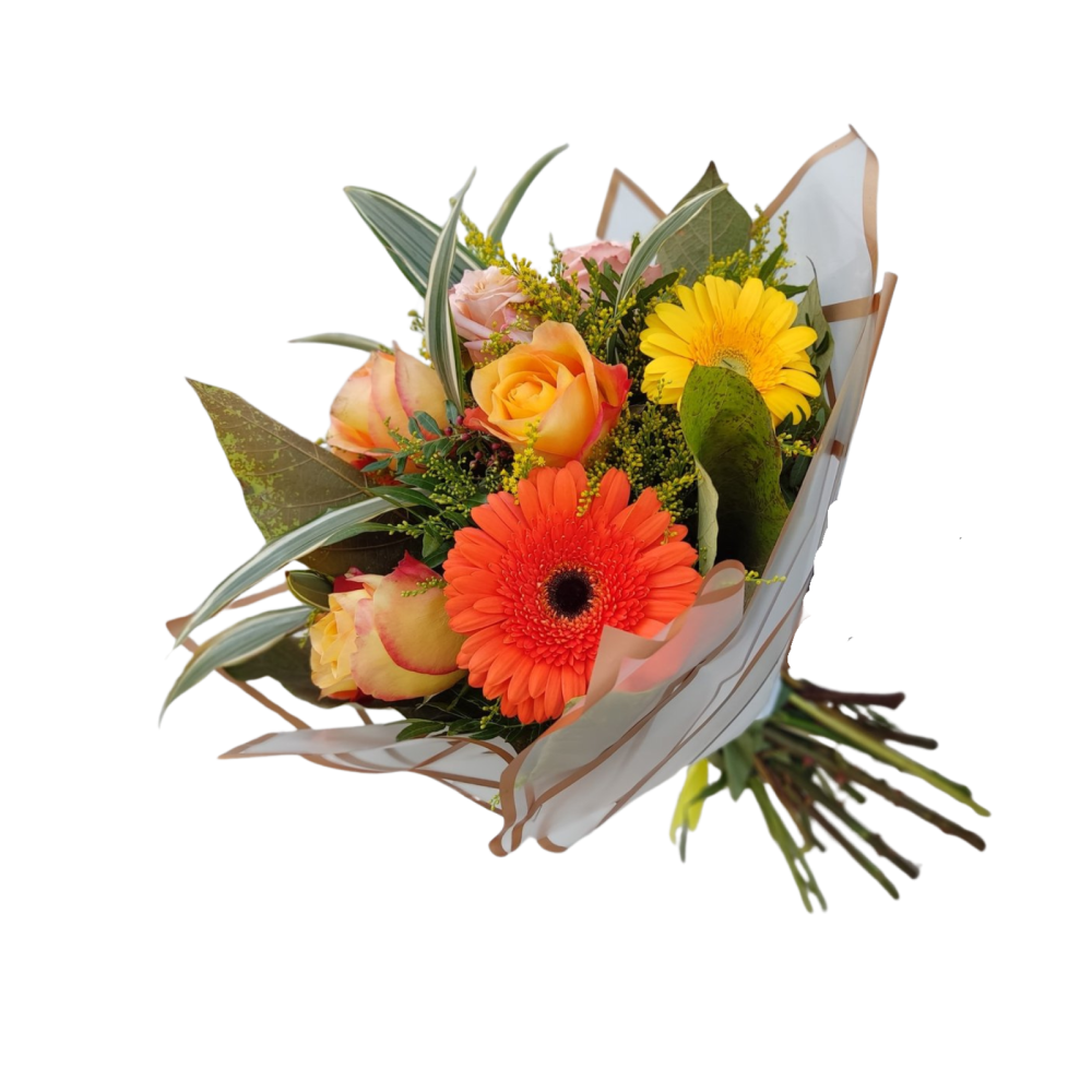 Buchet mixt cu trandafiri portocalii, gerbera, solidago și dracaena [2]