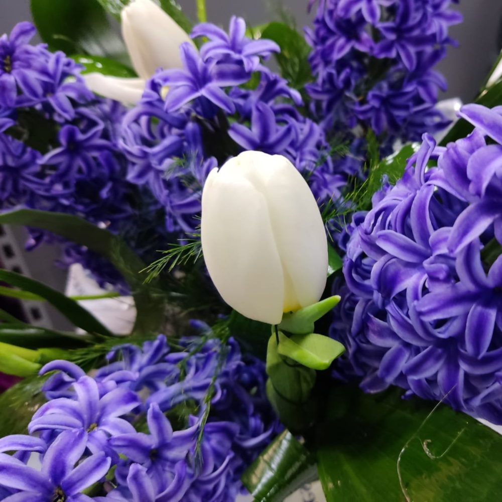 Compoziție cu flori albe și mov [2]