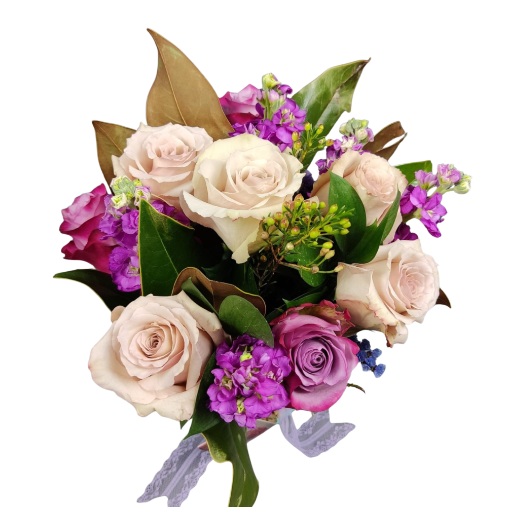 Compoziție florală cu mathiola, trandafiri și wax [3]