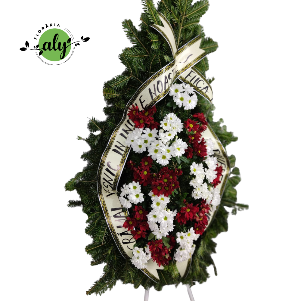 Coroană funerară 2D crizanteme grena și albe [2]