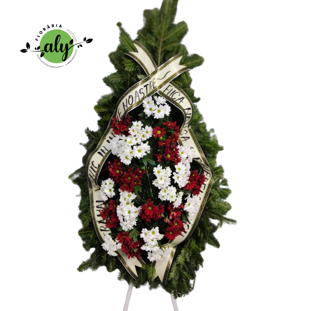 Coroană funerară 2D crizanteme grena și albe [1]