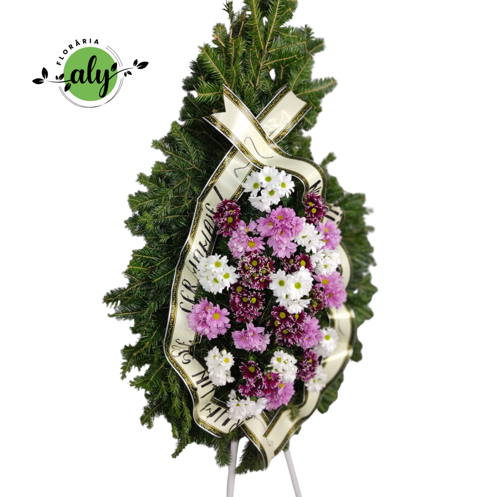 Coroană funerară 2D crizanteme mov, albe și roz [2]