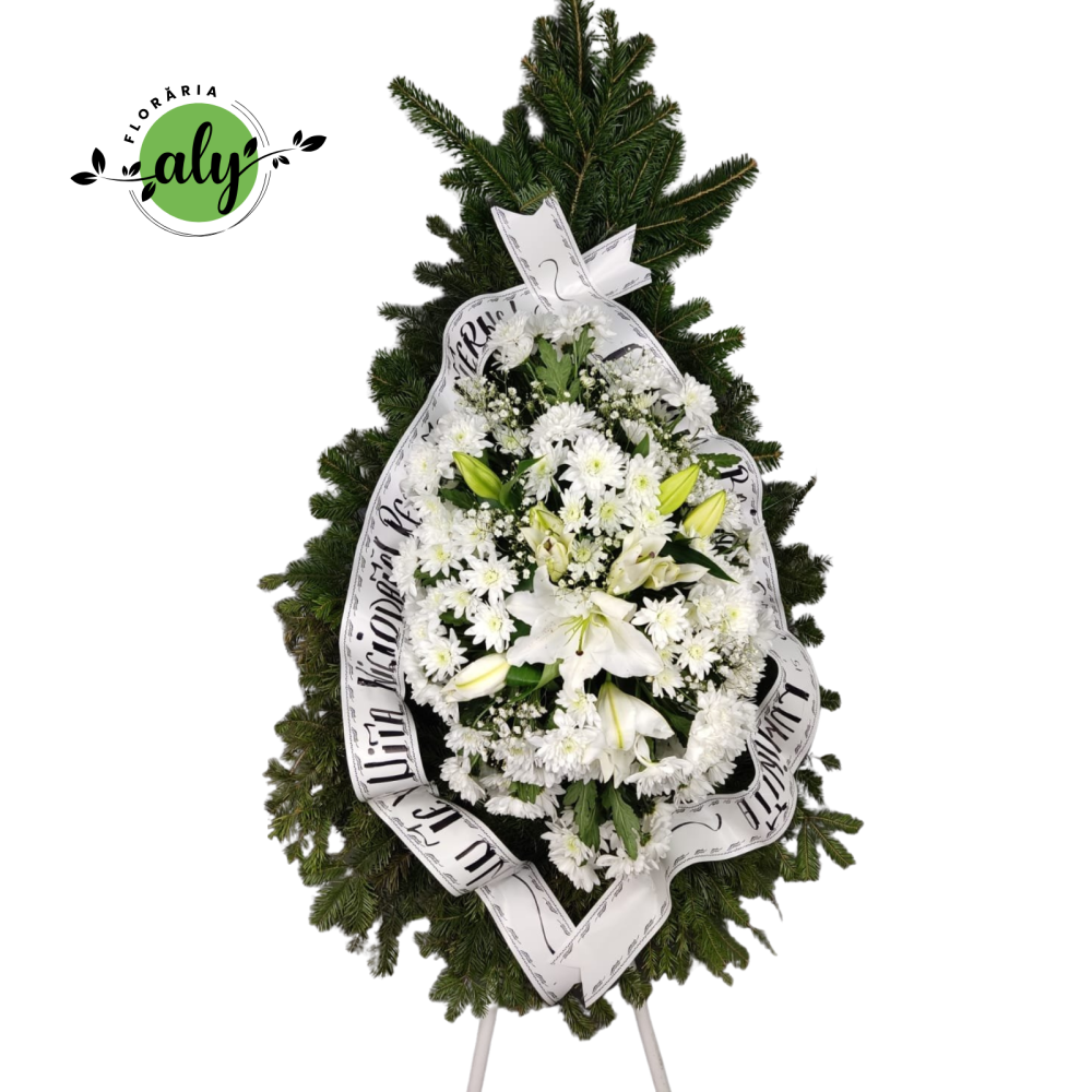 Coroană funerară 3D crizanteme și crini imperiali albi [1]