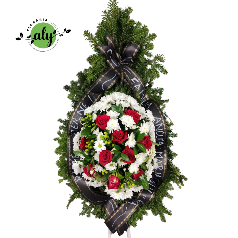 Coroană funerară 3D cu trandafiri, hypericum, crizanteme și ruscus [1]