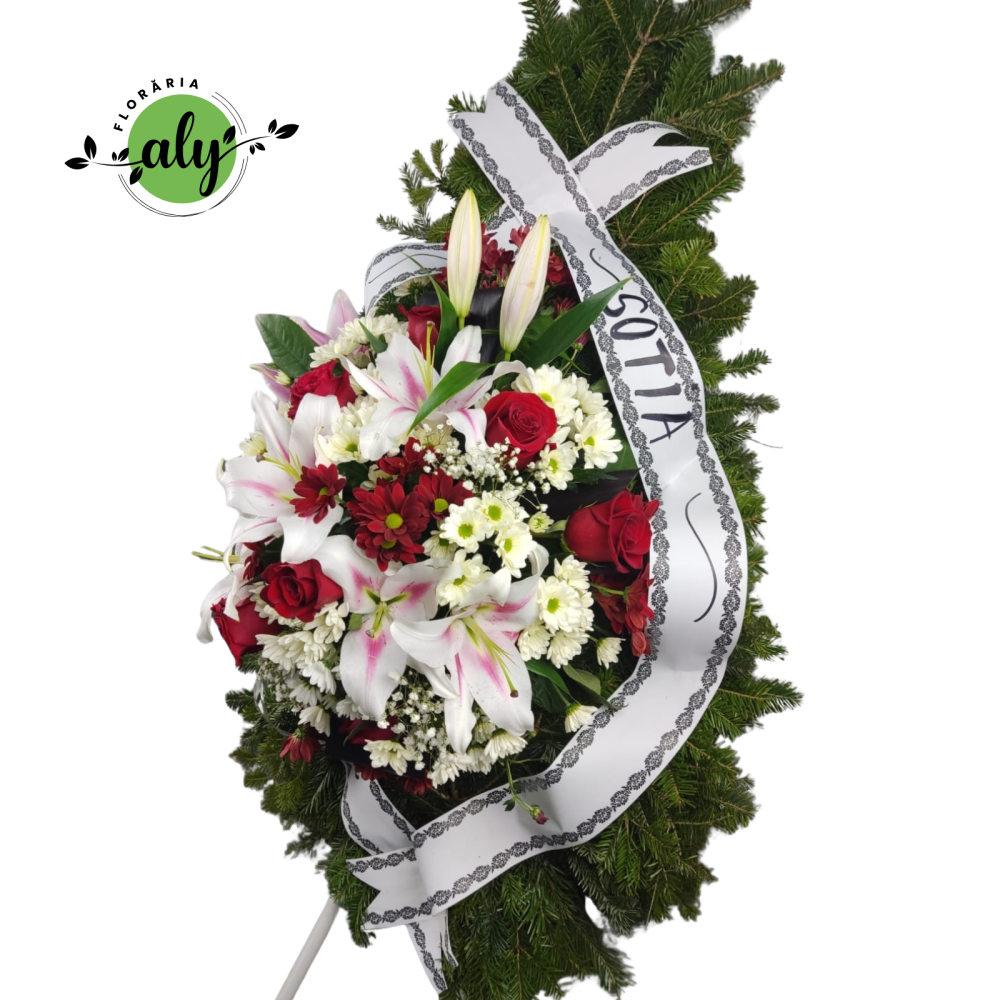 Coroană funerară 3D cu trandafiri roșii, crizanteme și crin imperial [2]