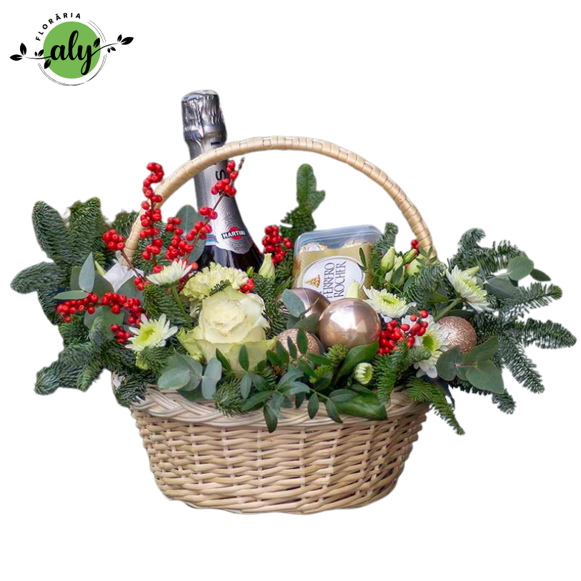 Coș de Crăciun cu Martini, Ferrero, brad argintiu și flori naturale [1]