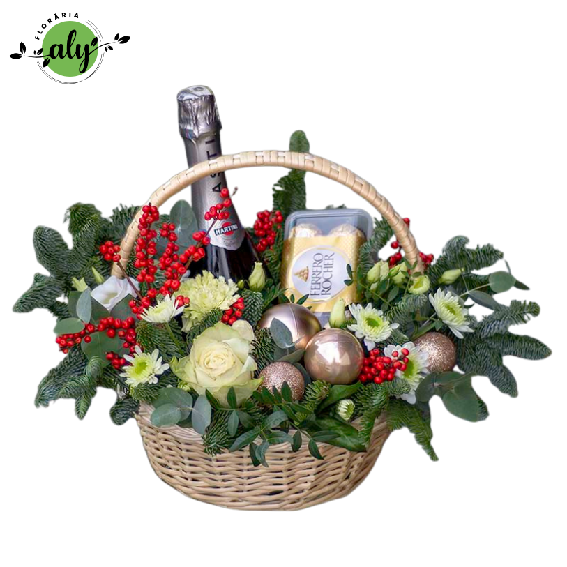 Coș de Crăciun cu Martini, Ferrero, brad argintiu și flori naturale [2]