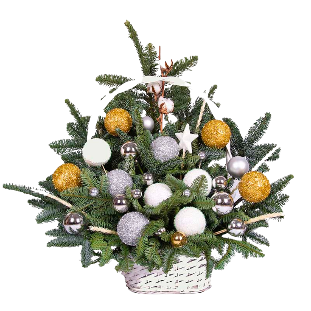 Coș Oval de Crăciun cu Brad Argintiu și Accente Aurii [1]