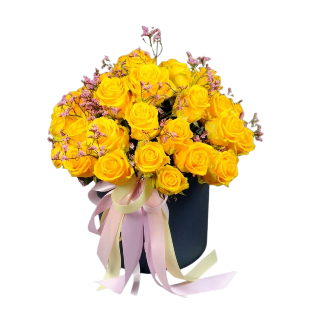Cutie cilindru cu trandafiri galbeni și limonium [1]
