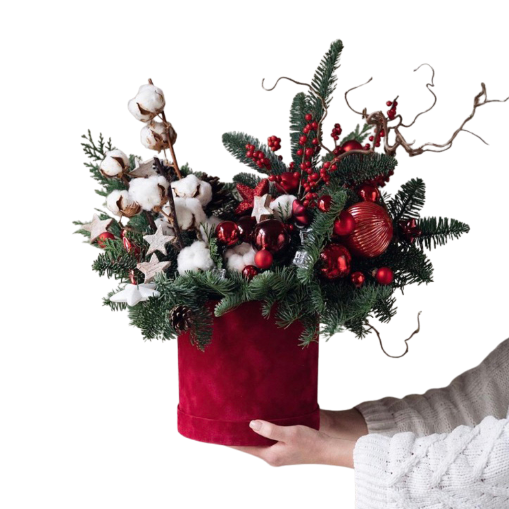 Cutie de Crăciun Catifelată cu Brad Argintiu și Flori de Mătase [1]