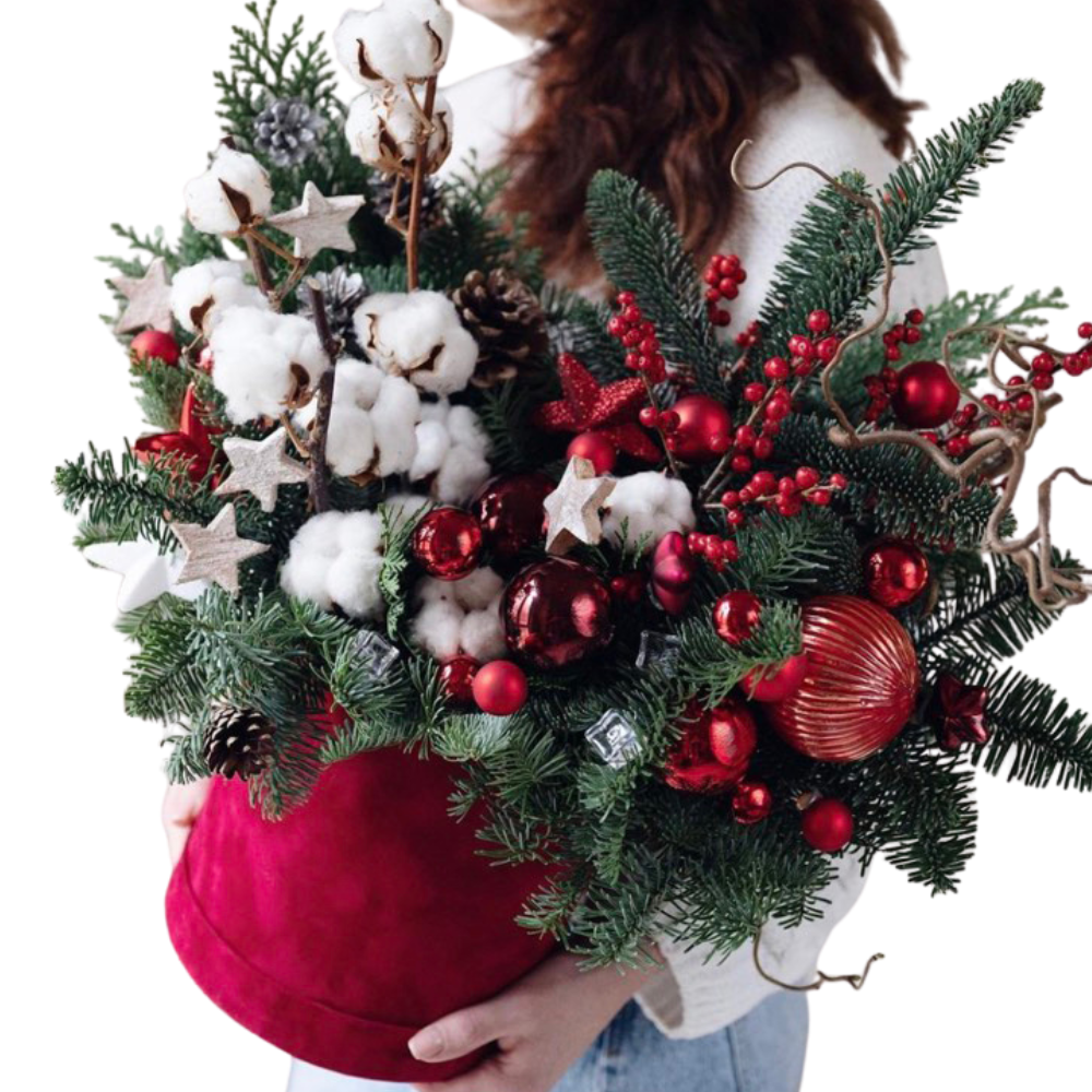 Cutie de Crăciun Catifelată cu Brad Argintiu și Flori de Mătase [2]