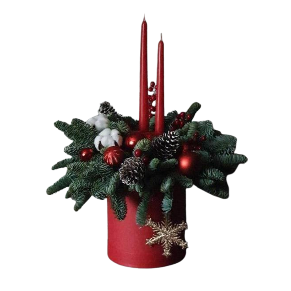 Aranjament de Crăciun în Cutie Cilindru cu Brad Argintiu și Lumânări [1]