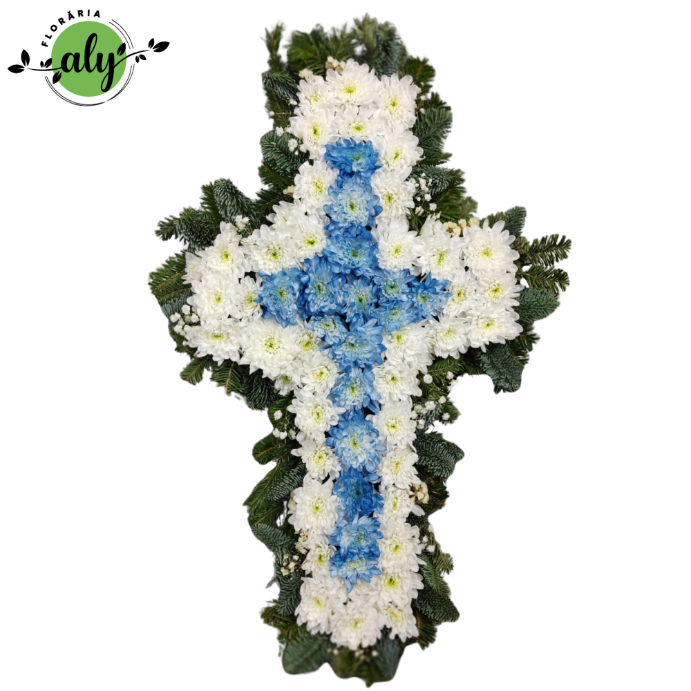Jerbă funerară în formă de cruce, crizanteme albe și albastre vopsite [1]