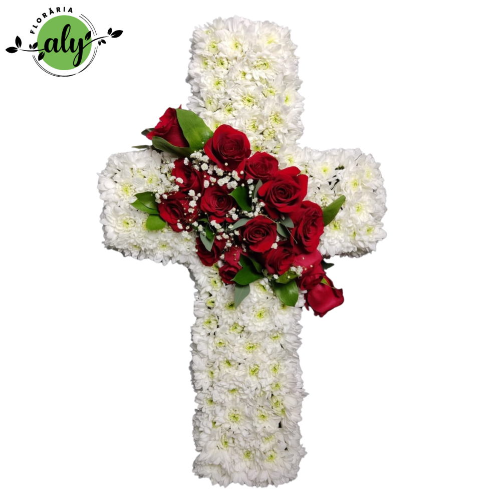 Jerbă funerară în formă de cruce cu trandafiri roșii și crizanteme albe [1]