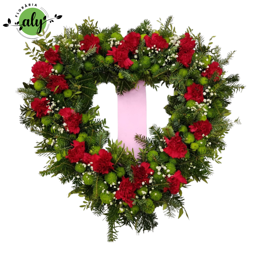 Jerbă funerară în formă de inimă cu santini feeling green și garoafe roșii [1]