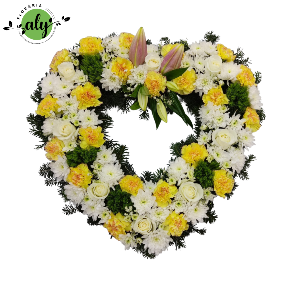 Jerbă funerară inimă cu flori galbene, albe și verzi [1]