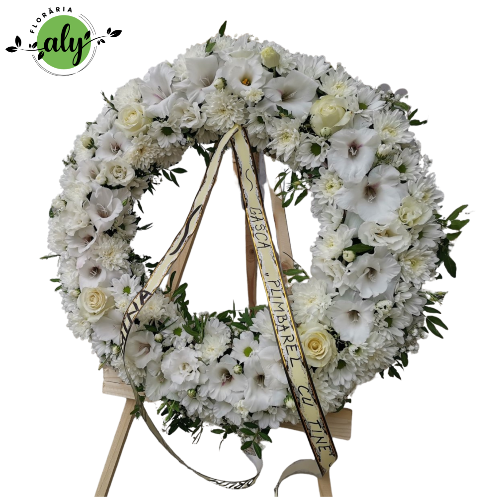 Jerbă funerară rotundă cu flori albe și stativ de lemn [1]