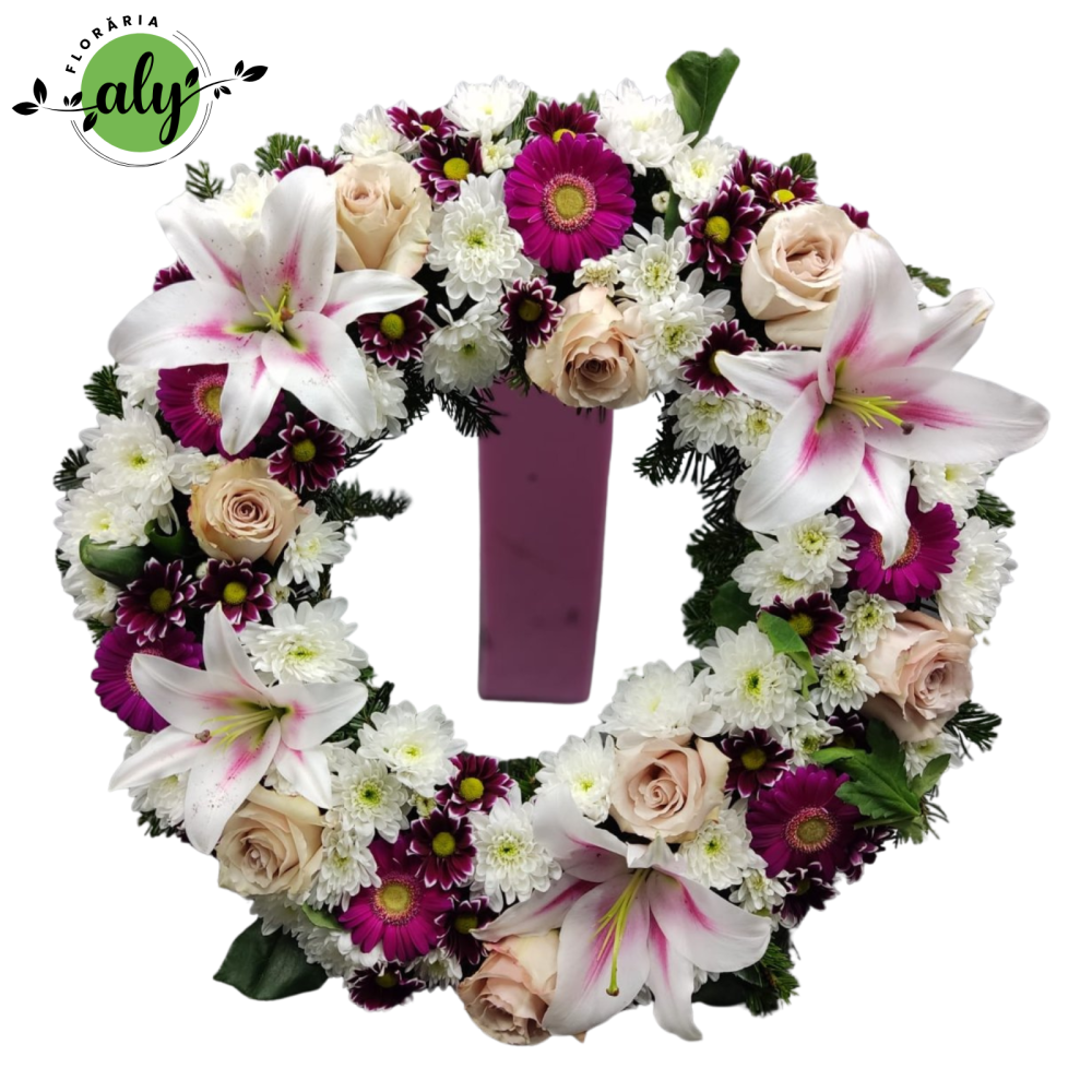 Jerbă funerară rotundă cu trandafiri, crin imperial, minigerbera și crizanteme [1]