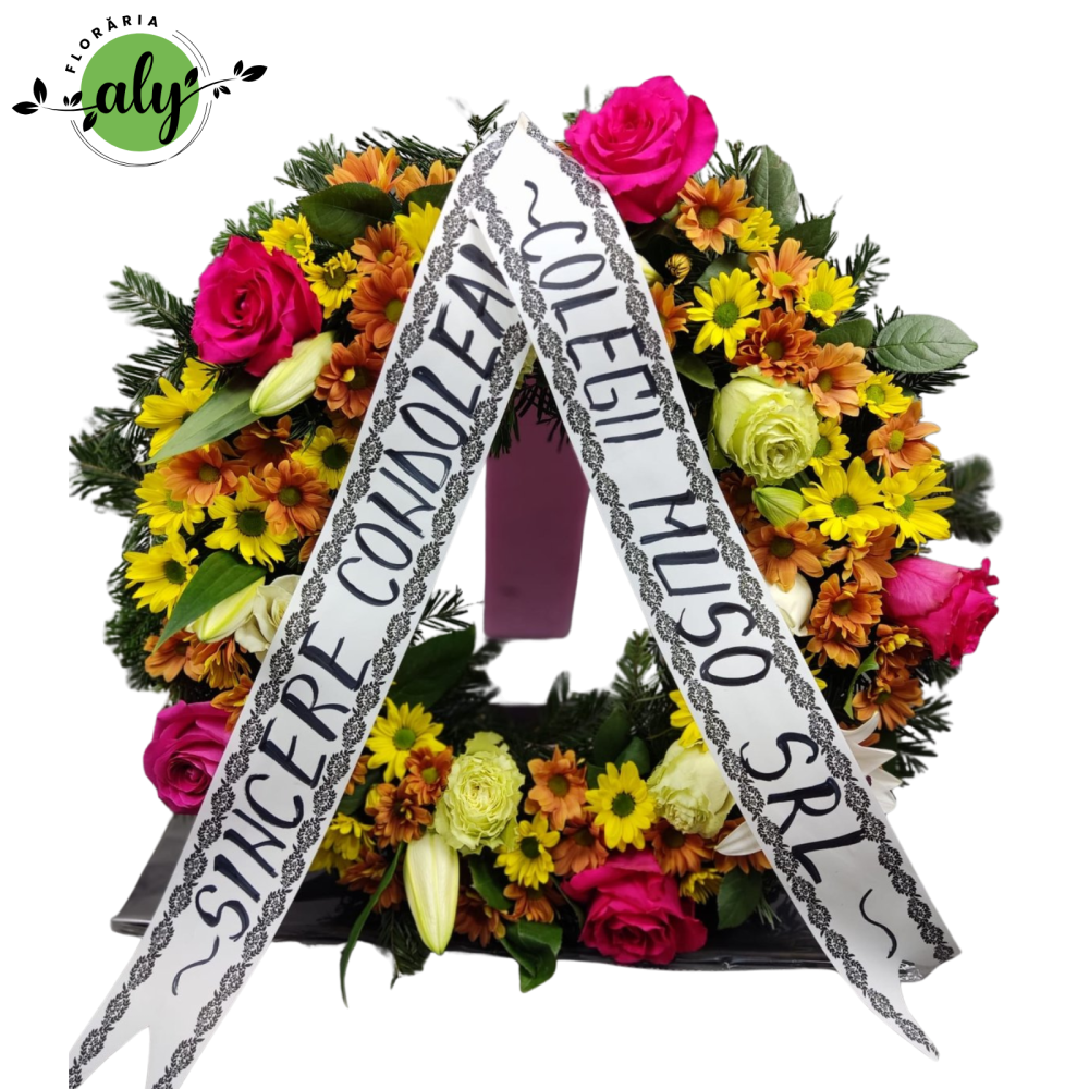Jerbă funerară rotundă cu trandafiri, crin imperial și crizanteme [3]
