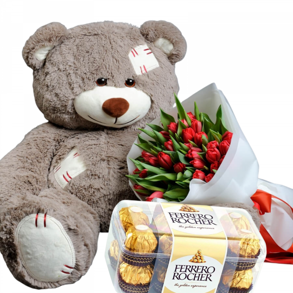 Pachet Buchet de lalele+Urs de pluș+Praline [2]