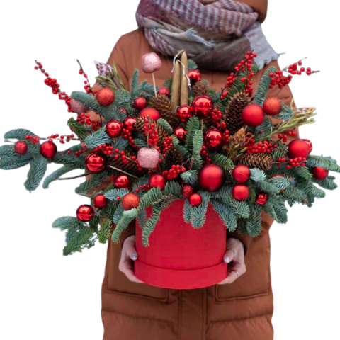 DE SEZON - Aranjament de Crăciun în Cutie Cilindru – Roșu Festiv & Accente Naturale