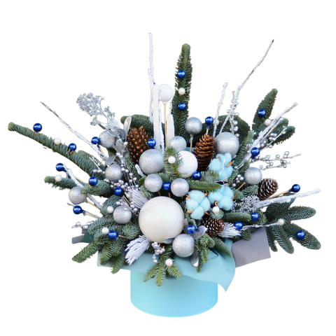 DE SEZON - Aranjament de Crăciun în Cutie Cilindru – Argintiu & Albastru