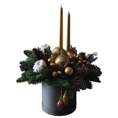 CRĂCIUN ȘI ANUL NOU - Aranjament de Crăciun în Cutie Cilindru cu Brad Argintiu și Lumânări Aurii
