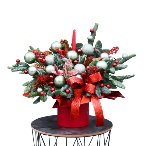 DE SEZON - Aranjament de Crăciun în Cutie Cilindru cu Brad Argintiu și Lumânare