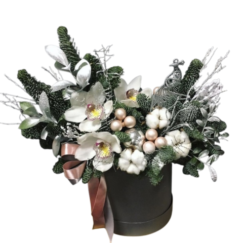 DE SEZON - Aranjament de Crăciun în Cutie Cilindru cu Orhidee Cymbidium și Brad Argintiu