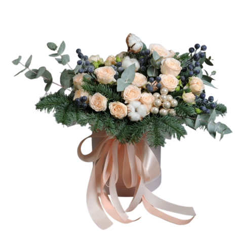 DE SEZON - Aranjament de Iarnă cu Brad Argintiu și Trandafiri Crem