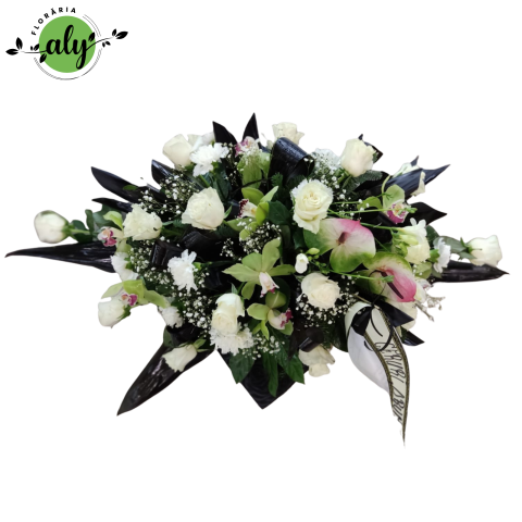 ARANJAMENTE FUNERARE - Aranjament funerar cu orhideea, athurium, trandafiri și garoafe