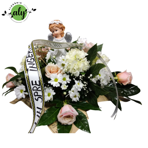 ARANJAMENTE FUNERARE - Aranjament funerar cu trandafiri, crizanteme, hortensia și statuietă îngeraș