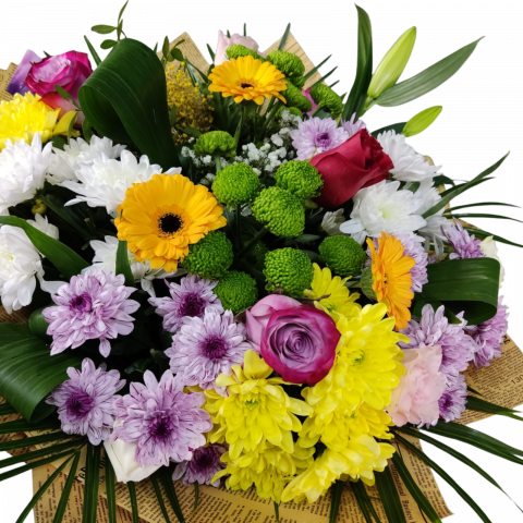 Buchet colorat cu trandafiri, crizanteme, gerbera și crin [2]