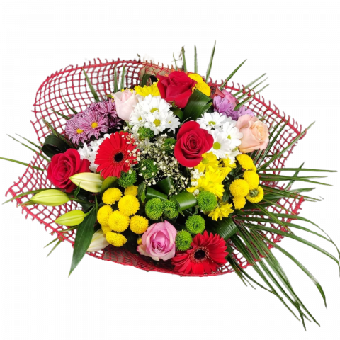 Buchet colorat cu trandafiri, crizanteme, gerbera și crin [1]