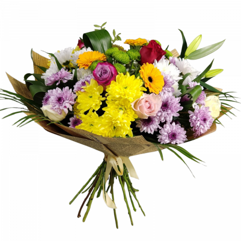 Buchet colorat cu trandafiri, crizanteme, gerbera și crin