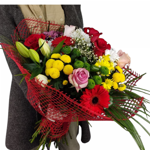 COLECȚIA DE TOAMNĂ - Buchet colorat cu trandafiri, crizanteme, gerbera și crin
