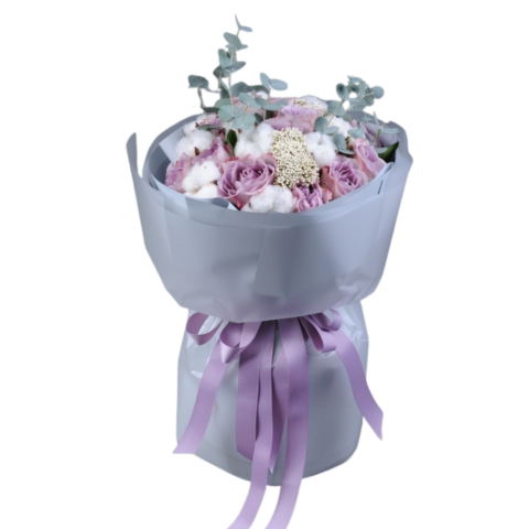 Buchet cu trandafiri mov Ocean Song, allium și flori de mătase [1]