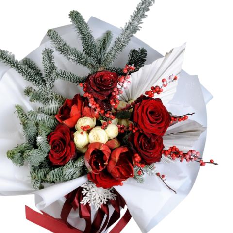 Buchet de iarnă cu trandafiri, minirose și amaryllis [1]