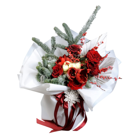 BUCHETE AMARYLLIS - Buchet de iarnă cu trandafiri, minirose și amaryllis