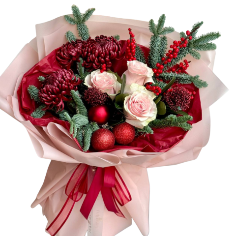 BUCHETE MIXTE - Buchet de Sărbători cu crizanteme grena și trandafiri roz pudrat, brad argintiu