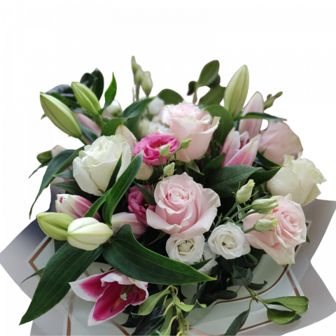 BUCHETE CRINI - Buchet elegant cu lisianthus, crini imperiali și trandafiri