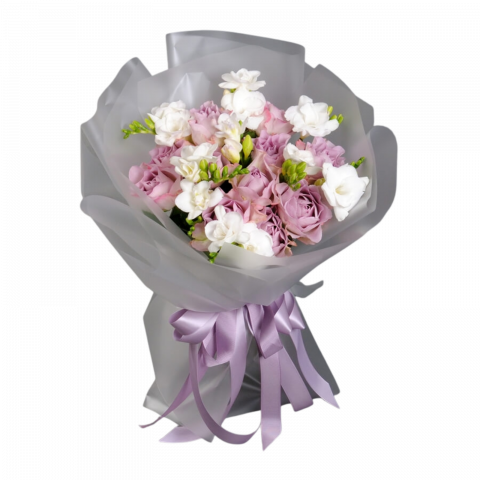 BUCHETE FREZII - Buchet frezii albe și trandafiri mov