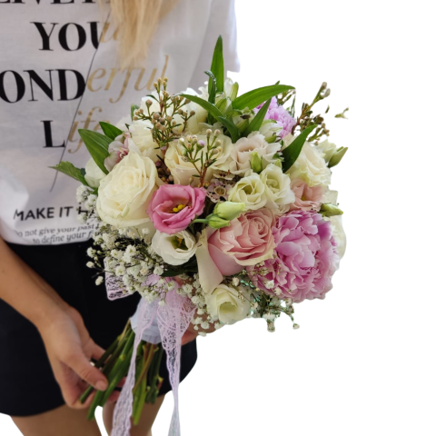 Buchet mireasă bujori, lisianthus, trandafiri, alstromeria și wax [2]