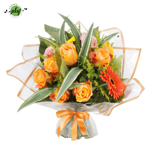 BUCHETE MIXTE - Buchet mixt cu trandafiri portocalii, gerbera, solidago și dracaena