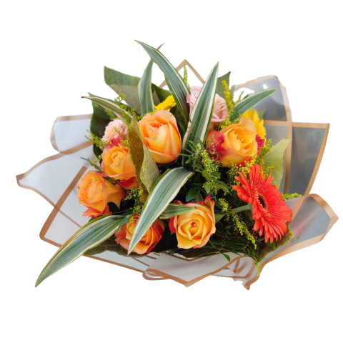 Buchet mixt cu trandafiri portocalii, gerbera, solidago și dracaena