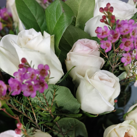 Buchet trandafiri albi-crem și wax flowers [1]