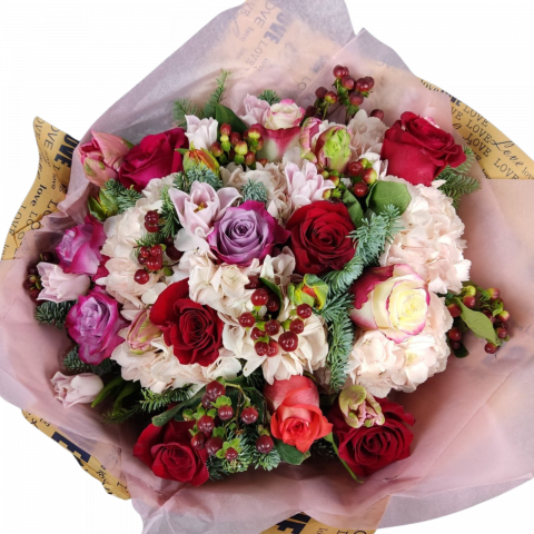 Buchet ”WoW” cu hortensia, lalele, trandafiri și hypericum [2]
