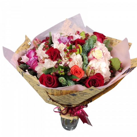 BUCHETE LALELE - Buchet ”WoW” cu hortensia, lalele, trandafiri și hypericum